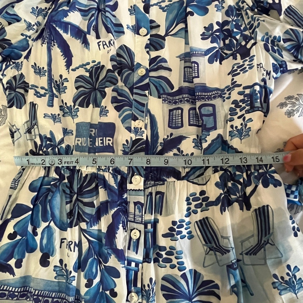 Farm Rio Sweet Rio Mini Dress Blue White Tropical Puff Sleeve Beaded Belt Medium - Picture 9 of 10